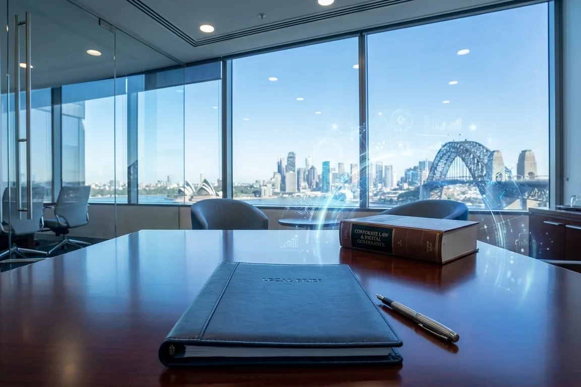 Corporate lawyer reviewing legal documents for business reputation protection case in Australian office
