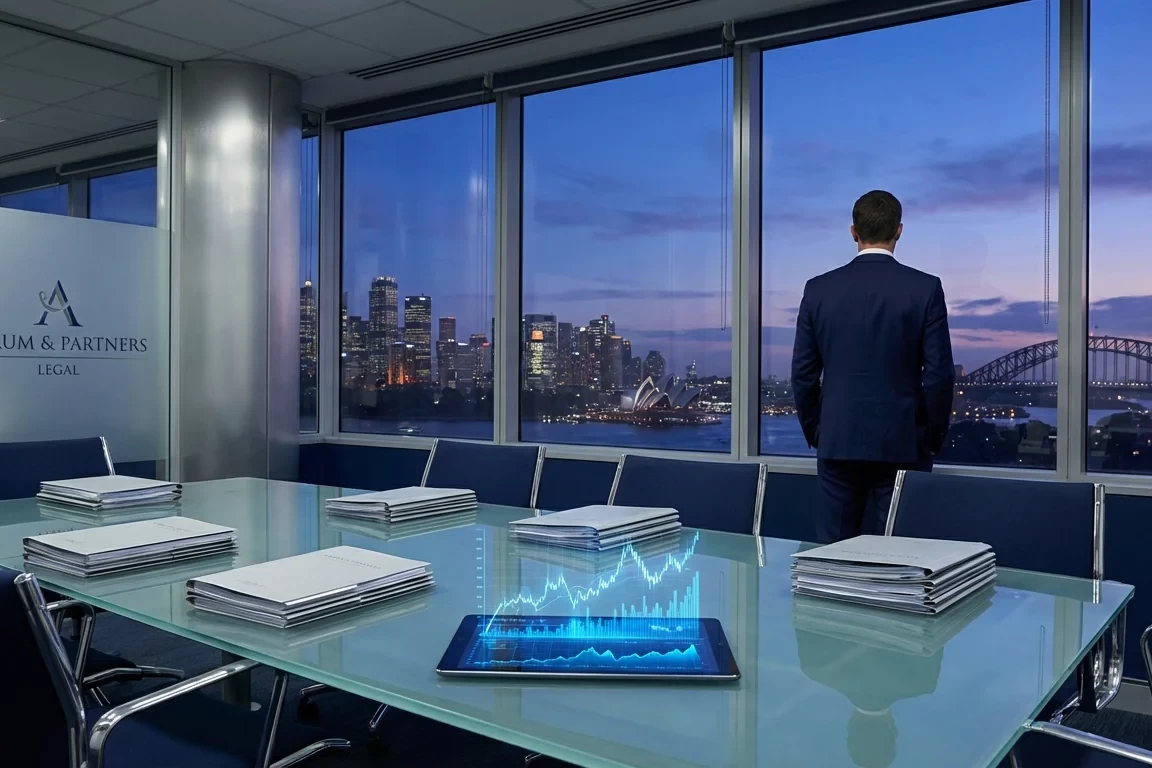 Corporate board members reviewing legal documents and compliance strategies in an Australian law firm boardroom