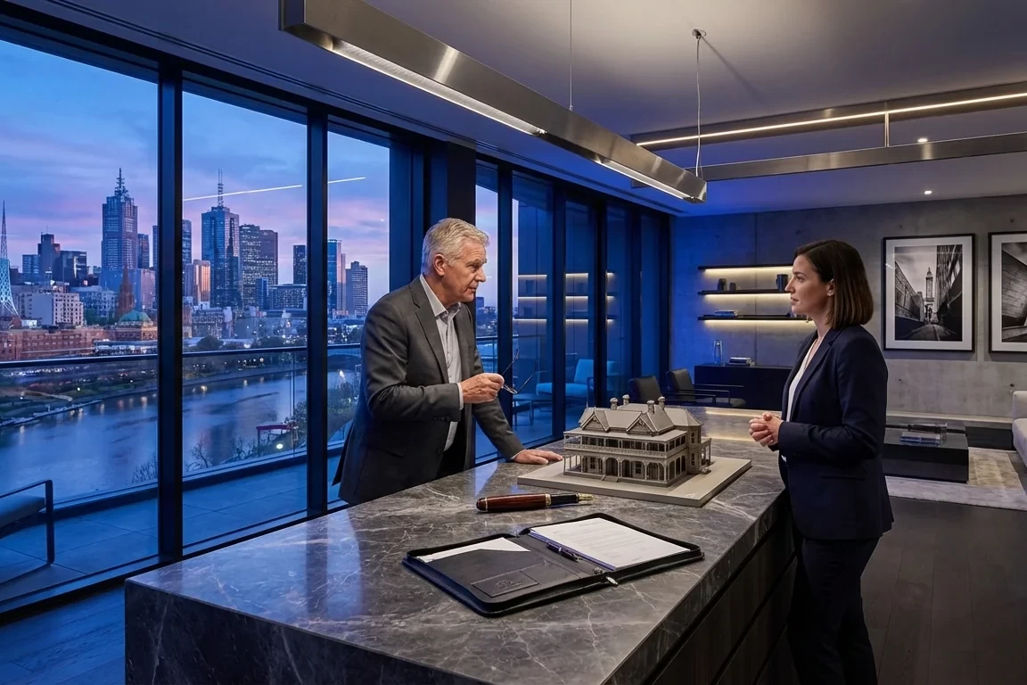 Victorian family reviewing loan documents with property settlement papers on table