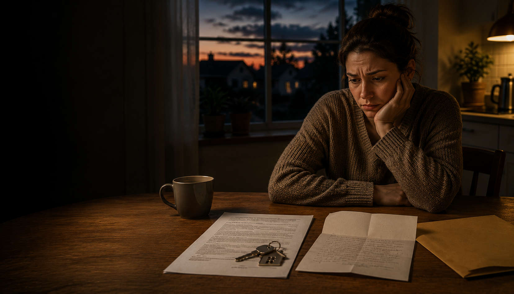 A homeowner at a kitchen table at dusk reviewing a contract of sale and correspondence