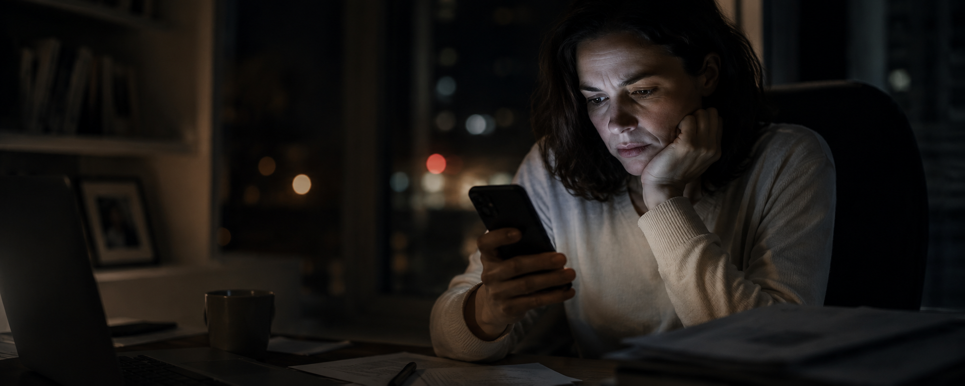 A person at a desk in the evening, lit by a phone showing a social feed